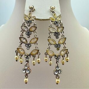 Vintage Monet Silver Tone Chandelier Earrings Pearls Rhinestones